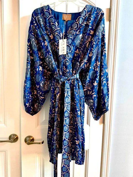 Clara The Label Blue Floral Long-Sleeve Mini Dress L New - Picture 2 of 7